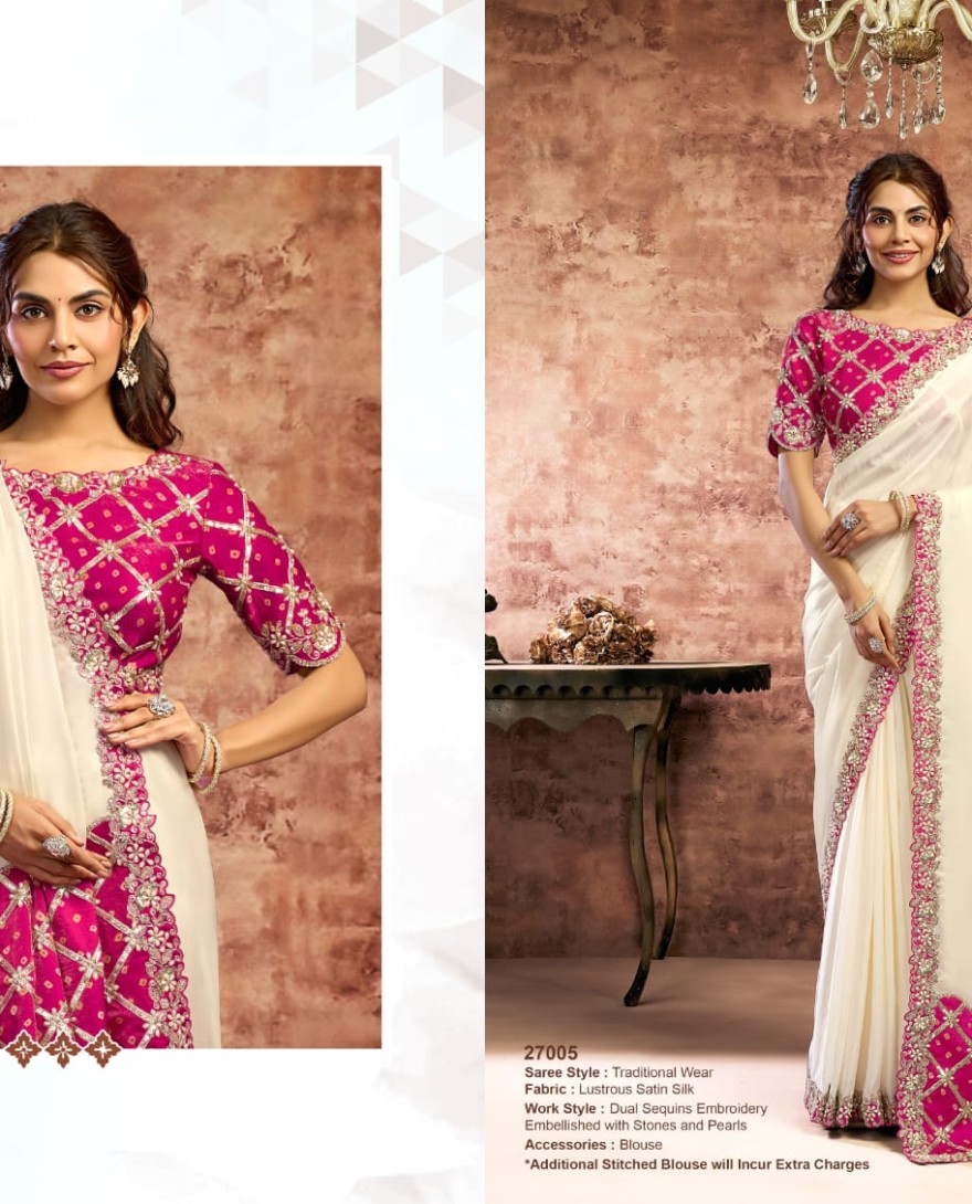 PINK - Designer White Embroidered Wedding Style Saree
